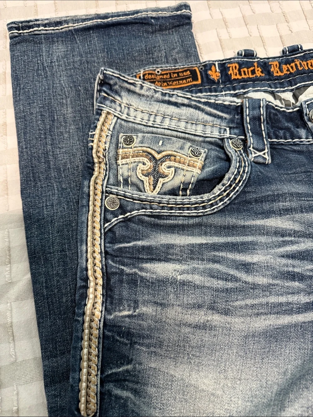 Rock Revival Dark Blue Denim Jeans with Gold Embroidered Pocket